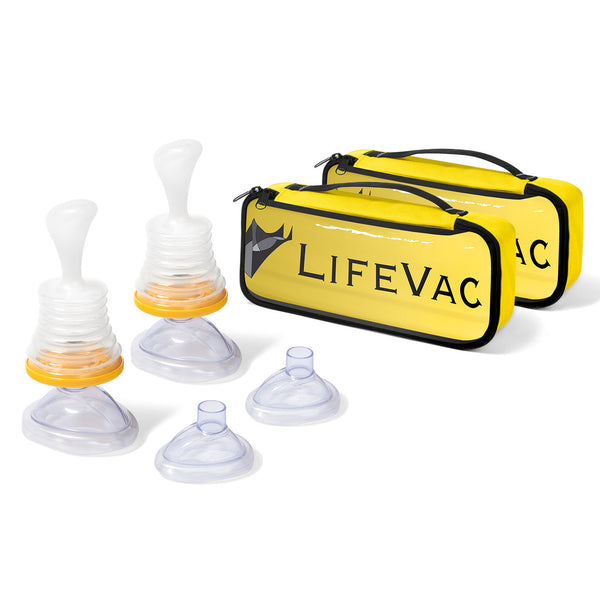 LifeVac 2 Travel Kit bundle: 2 devices, 4 masks, and 2 yellow zip-up bags