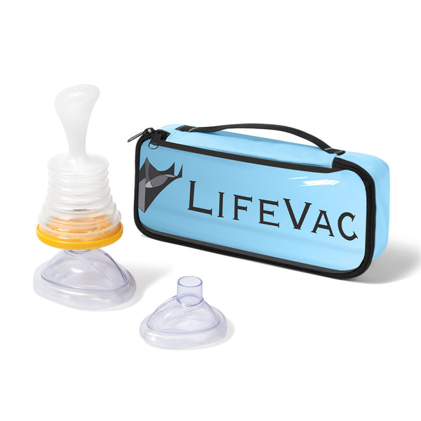 LifeVac Travel Kit: Device, masks, and blue zip-up bag