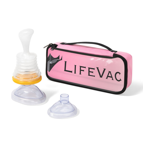 LifeVac Travel Kit: Device, masks, and pink zip-up bag